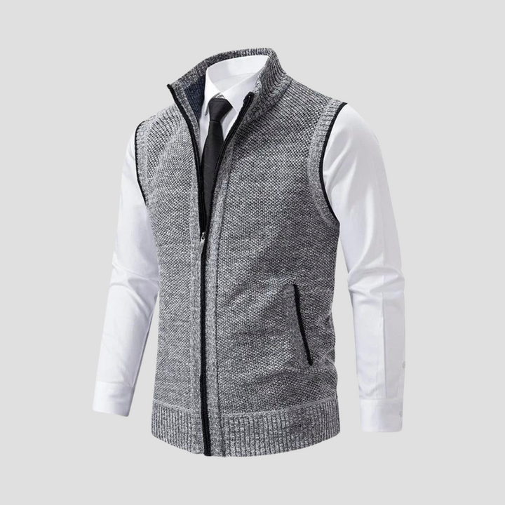 Stylish men's knitted zip gilet, perfect for adding a smart casual layer to any ensemble.