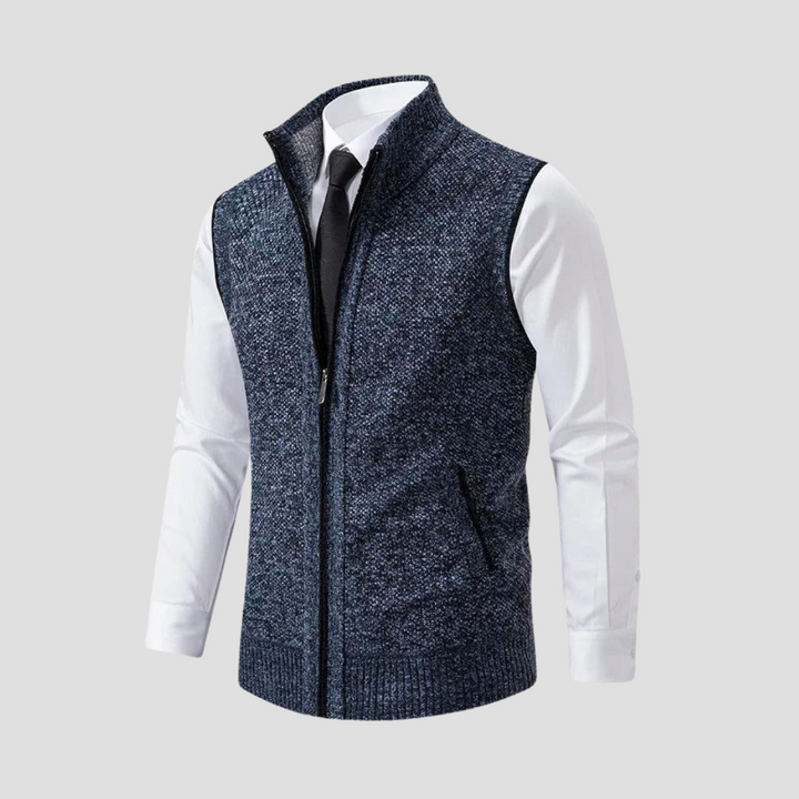 Comfortable men's knitted zip vest, a versatile sleeveless piece for year-round layering.