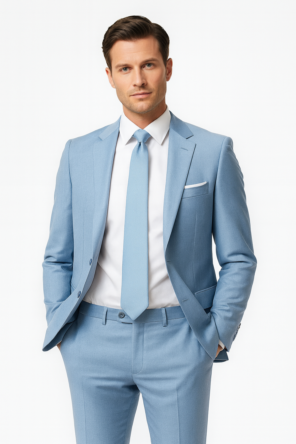 Men's light blue slim fit summer suit, two-piece set, ideal for weddings & formal events. Stylish & lightweight.