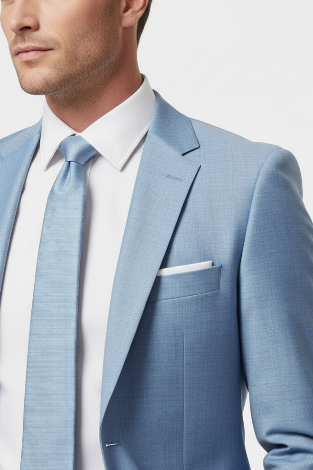 Tailored light blue slim fit men's summer suit, perfect for wedding attire, business casual, or stylish formal wear.