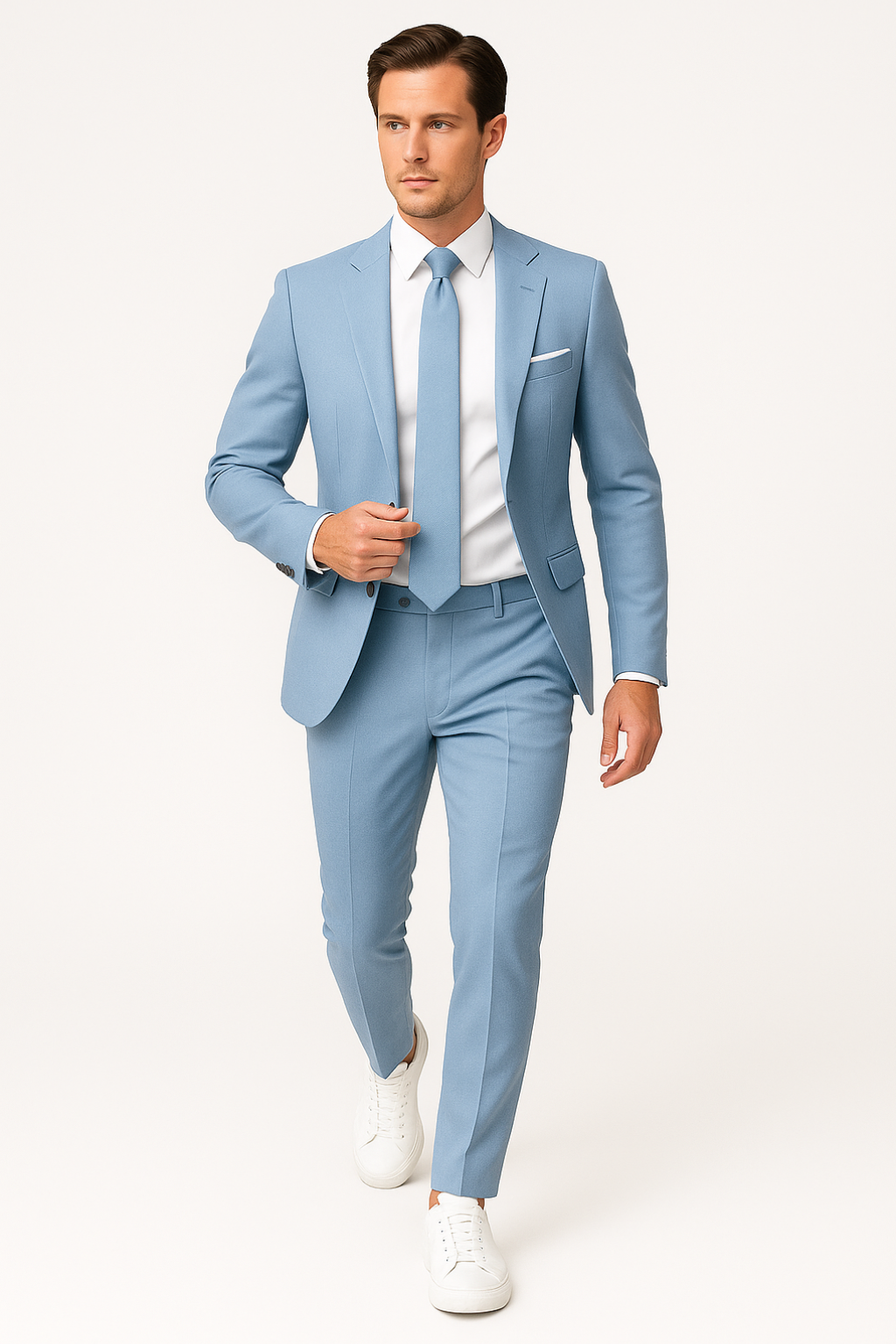 Stylish light blue slim fit two-piece men's suit. Lightweight summer formal wear, ideal for modern menswear looks.