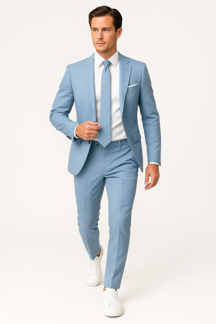 Stylish light blue slim fit two-piece men's suit. Lightweight summer formal wear, ideal for modern menswear looks.
