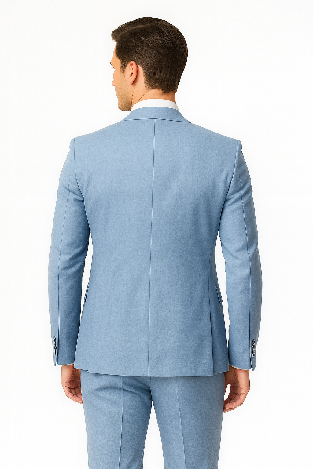 Light blue slim fit men's summer suit, a two-piece set. Versatile for formal occasions, business, or wedding attire.