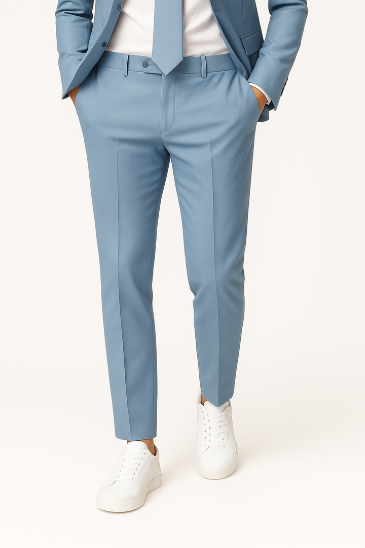 Lightweight light blue slim fit men's summer suit. A stylish two-piece tailored set for comfortable formal wear.