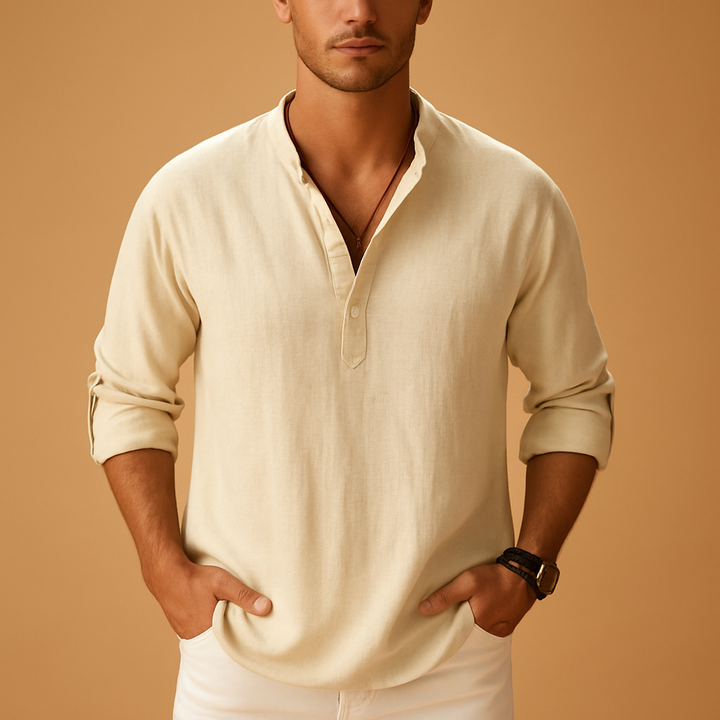 Men's light long sleeve V-neck shirt for casual comfort. Perfect for summer fashion & versatile wear.