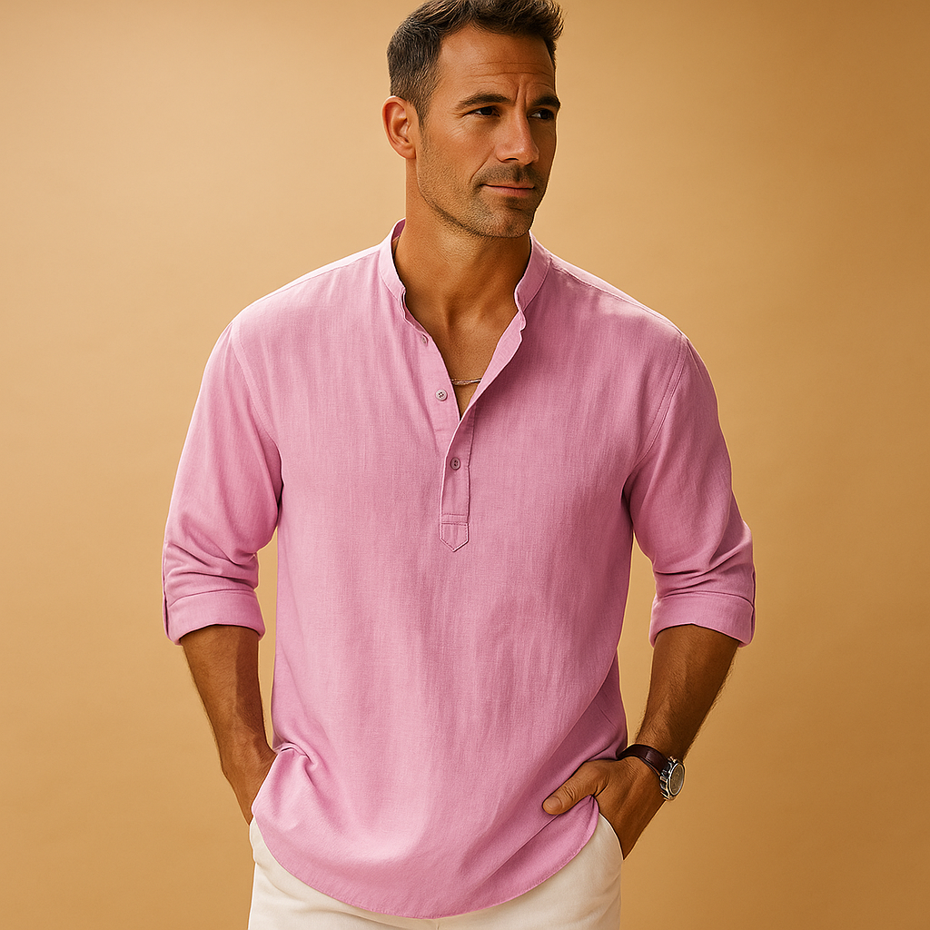 Stylish men's light long sleeve V-neck shirt. Comfortable casual wear, ideal for everyday leisure.