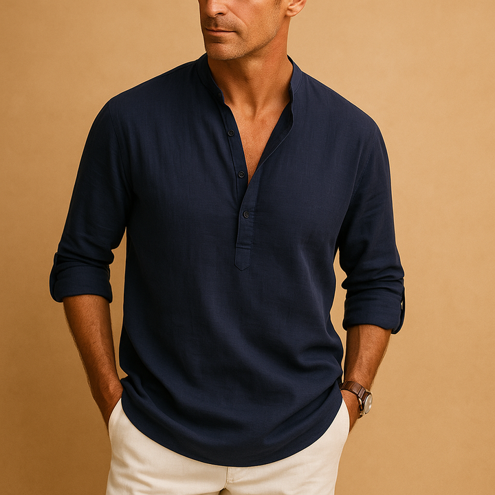 Versatile men's light V-neck long sleeve shirt. Great for business casual outfits & comfortable leisure.