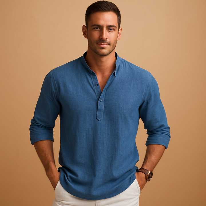 Close-up of a men's light long sleeve V-neck shirt, showcasing fabric and relaxed fit for comfort.