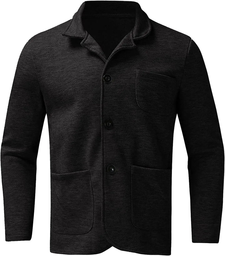 Everyday men's blazer, lightly structured, hanging neatly on a hanger.