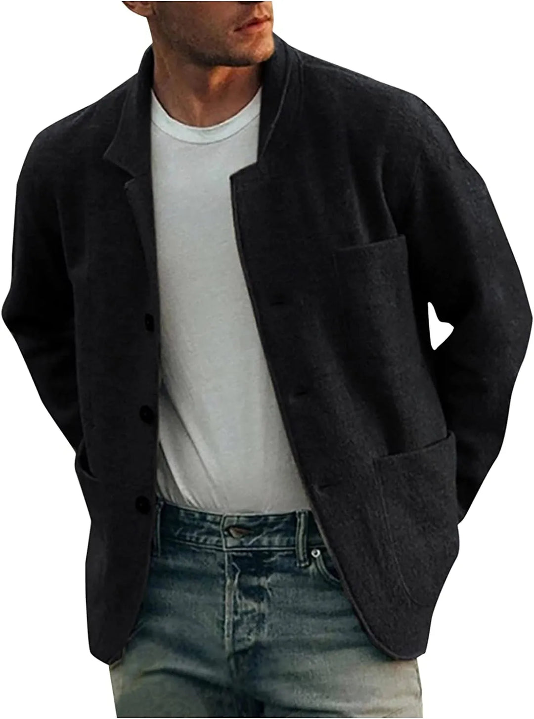 Man showcasing the relaxed fit of the casual men's lightweight blazer.