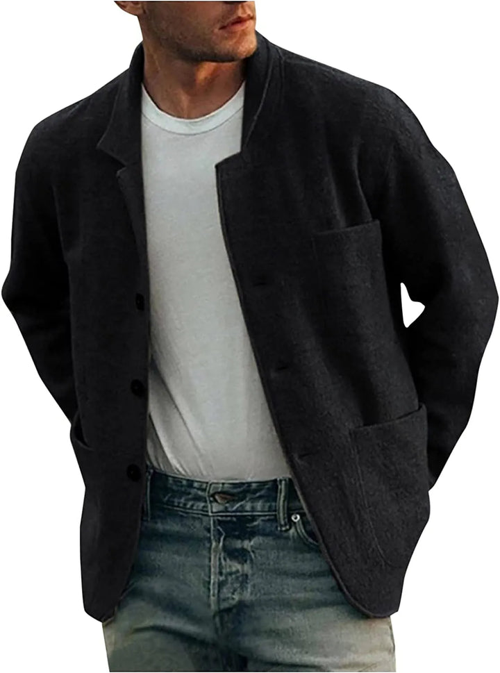 Man showcasing the relaxed fit of the casual men's lightweight blazer.
