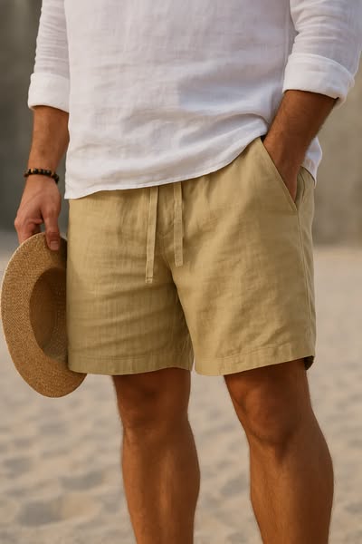 Stylish men's summer beachwear shorts, lightweight cotton linen for relaxed fit & ultimate comfort.