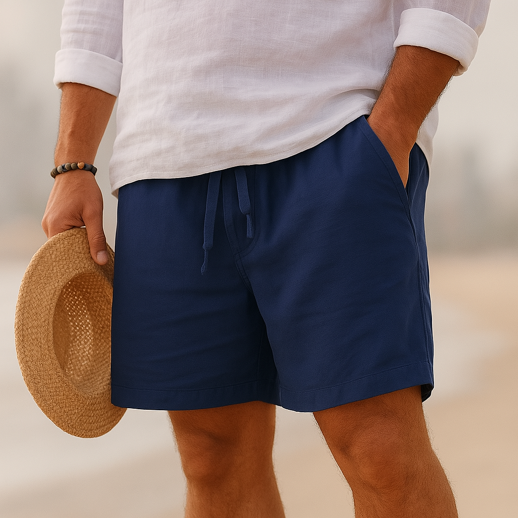 Grey men's lightweight cotton linen shorts, breathable fabric for stylish summer casual & beach attire.
