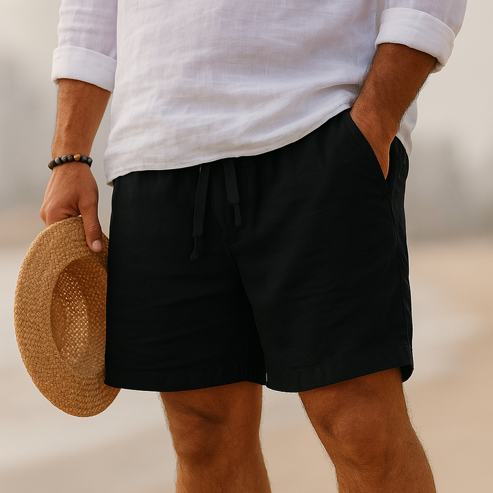 Back view of men's relaxed fit cotton linen shorts, showcasing comfortable summer style & breathability.