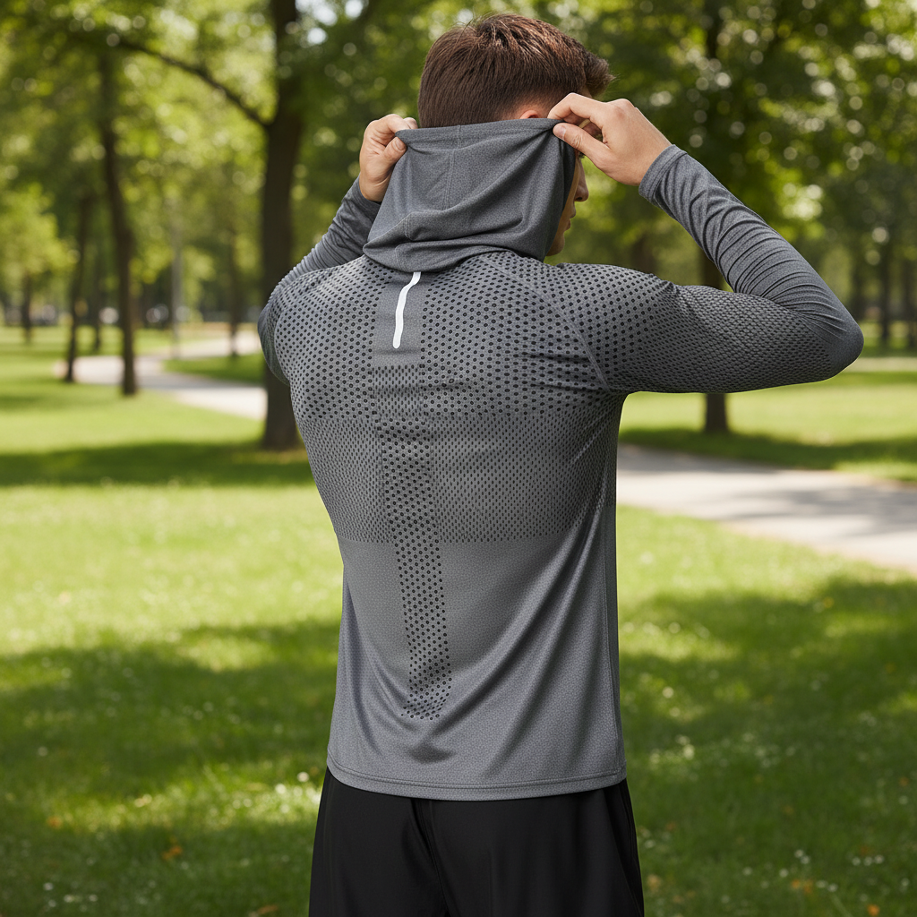 Men's lightweight athletic running shirt with hood. Breathable, performance fabric for training & workouts.