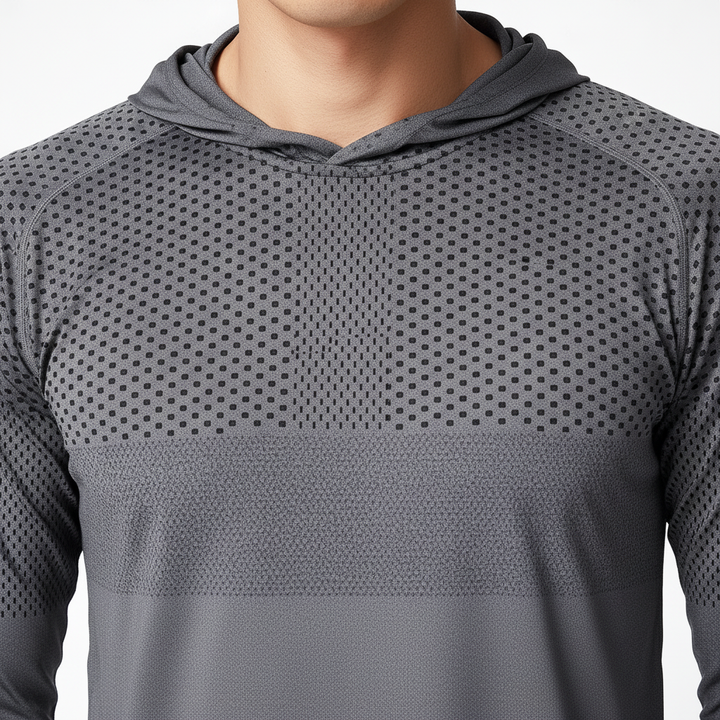 Breathable men's lightweight performance hooded shirt. Ideal activewear for intense workouts & reflective running.