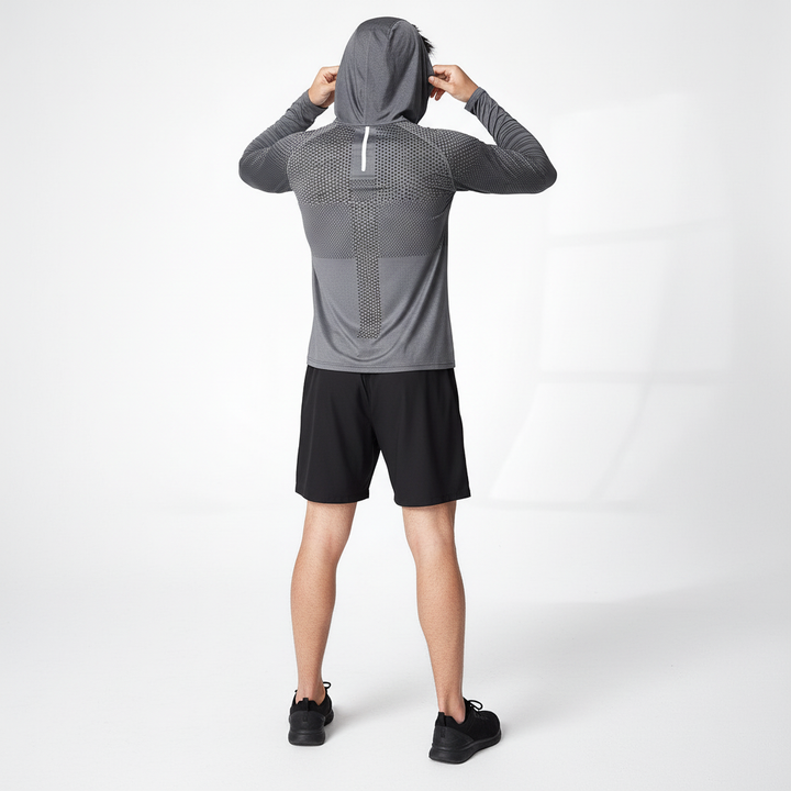 Men's lightweight hooded performance top. Athletic wear for running, training, and active lifestyles. Reflective.