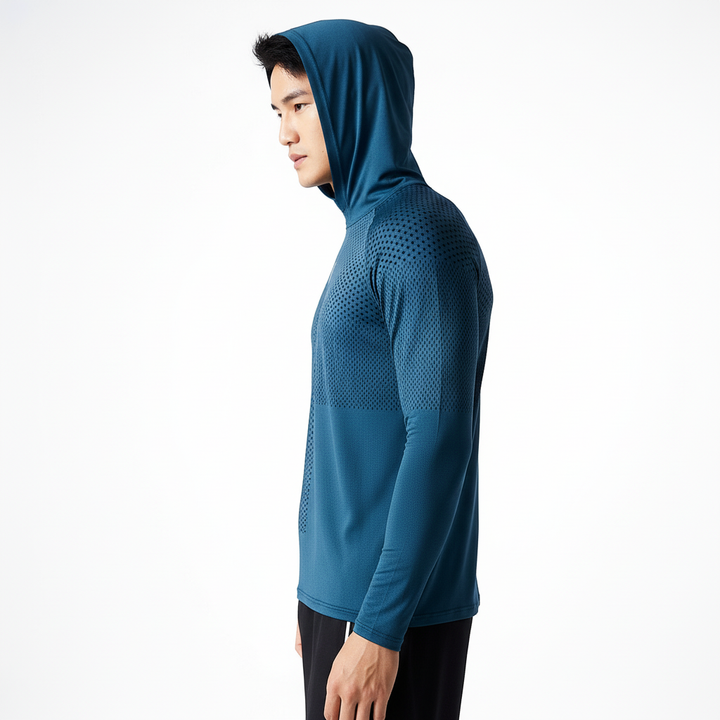 Reflective men's lightweight hooded shirt for performance training. Breathable activewear, perfect for running & workouts.
