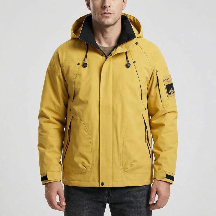Water-repellent men's hooded softshell jacket. Lightweight zip-up windbreaker for outdoor hiking & camping.