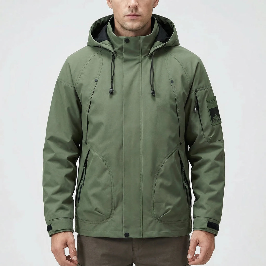 Stylish men's hooded softshell jacket, lightweight and windproof. Perfect outdoor gear for hiking & camping.