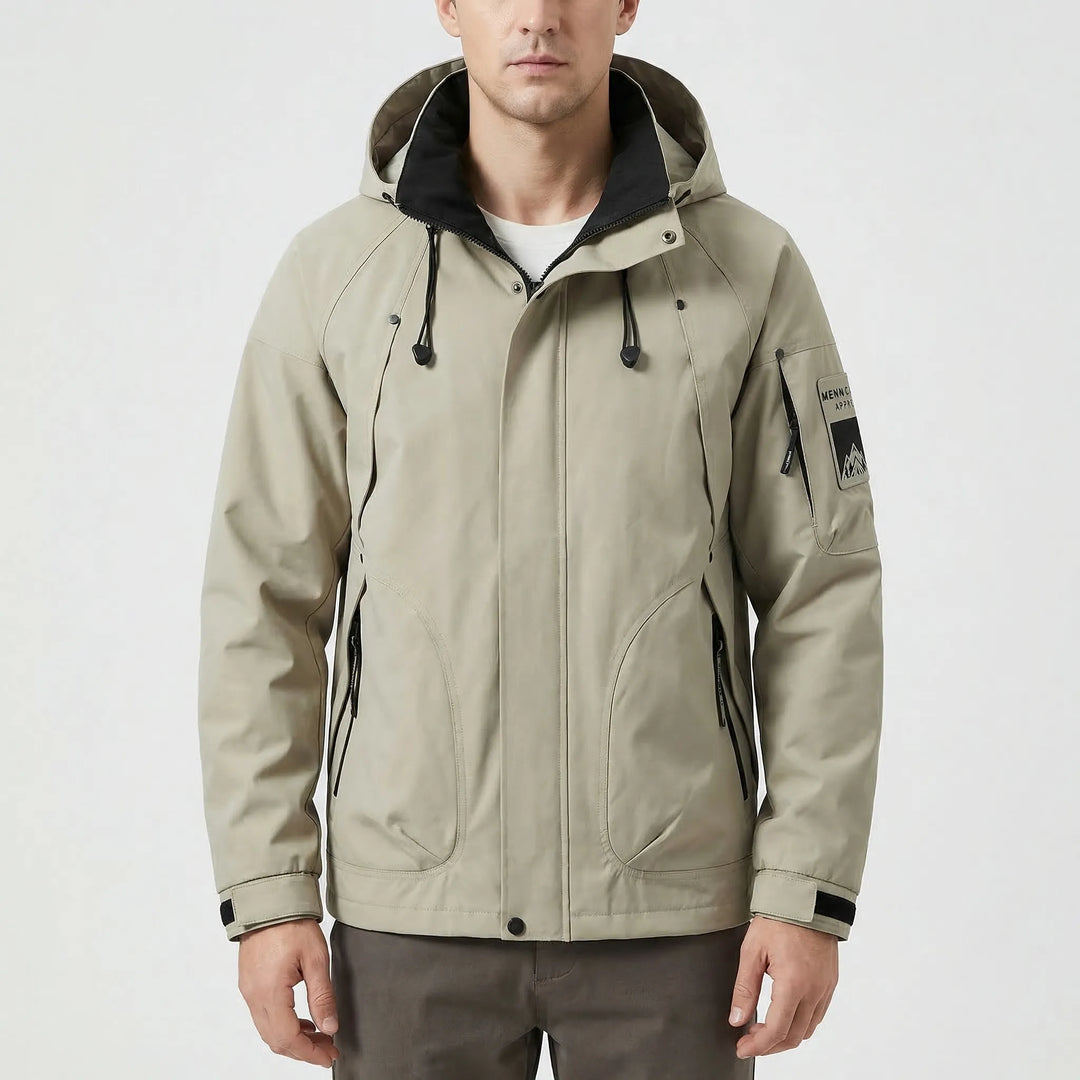 Zip-up men's lightweight hooded softshell jacket. Water-repellent outdoor gear for active men hiking & camping.