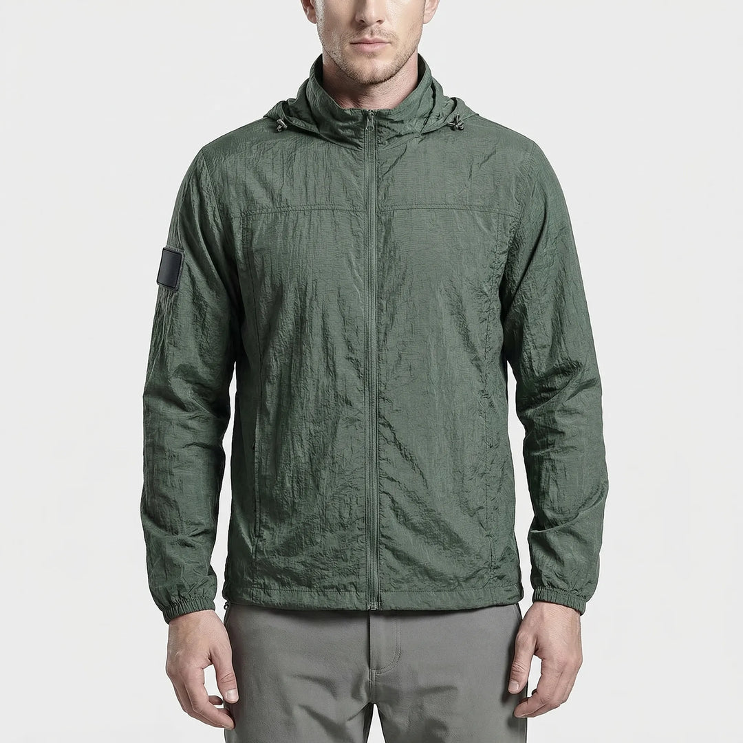 Ultra-light packable men's hooded windbreaker, essential tactical gear for hiking, camping & travel.