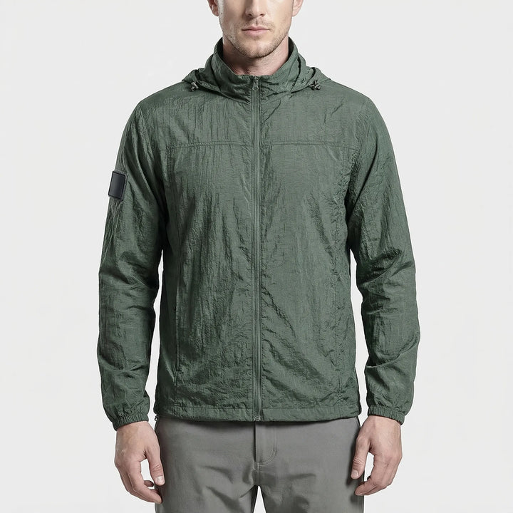 Ultra-light packable men's hooded windbreaker, essential tactical gear for hiking, camping & travel.