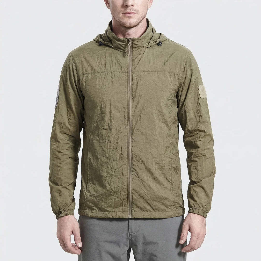 Black men's hooded windbreaker, lightweight tactical jacket with full zip, ideal for spring & summer outdoor wear.