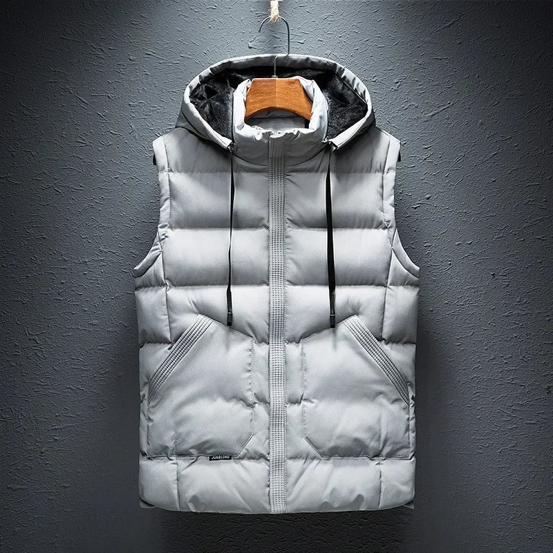 Stylish men's hooded vest, sleeveless & lightweight, perfect for casual warmth & outdoor layering.