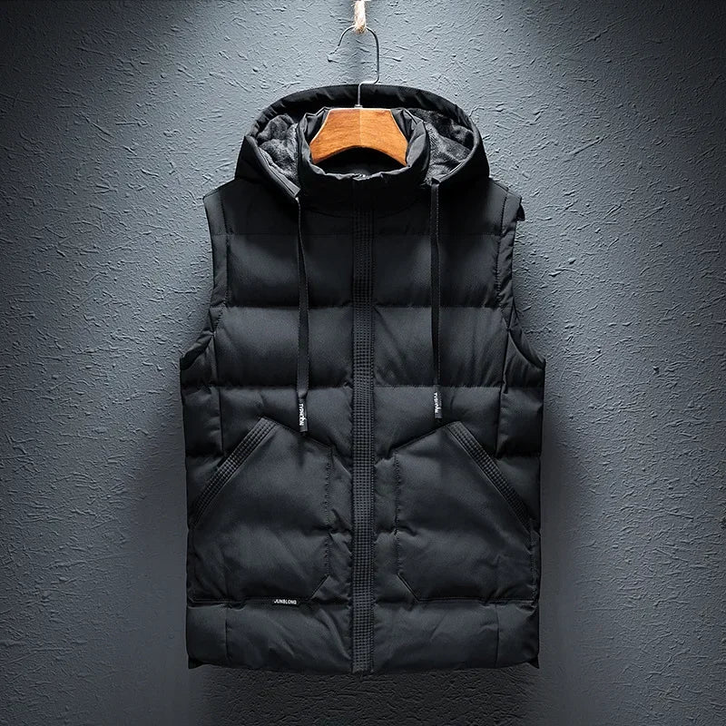 Men's casual hooded vest, lightweight & sleeveless, offering warmth and comfort for daily wear.