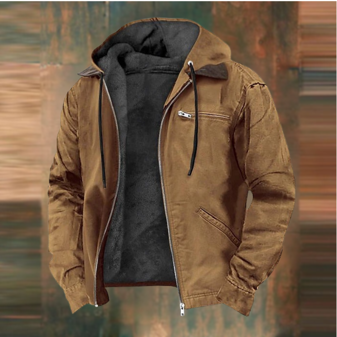 Men's lightweight hooded zip jacket in dark blue for transitional spring fall weather.