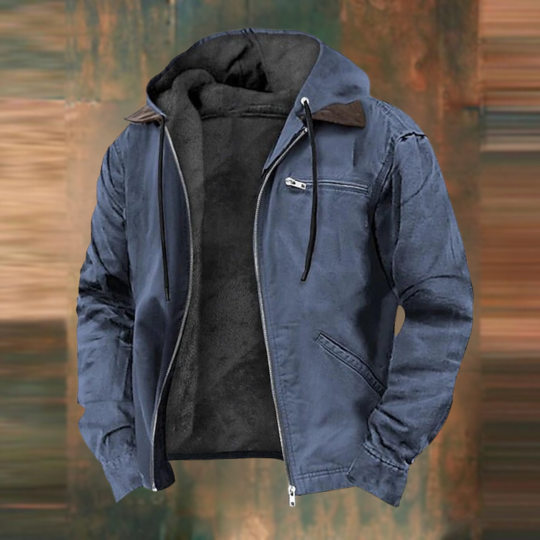 Casual men's zip-up jacket with hood, ideal everyday outerwear for urban style.