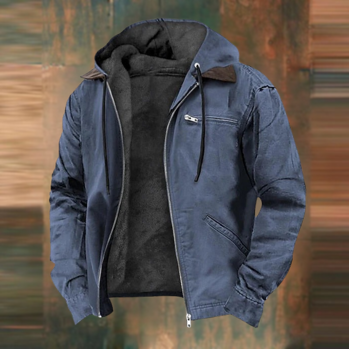 Casual men's zip-up jacket with hood, ideal everyday outerwear for urban style.