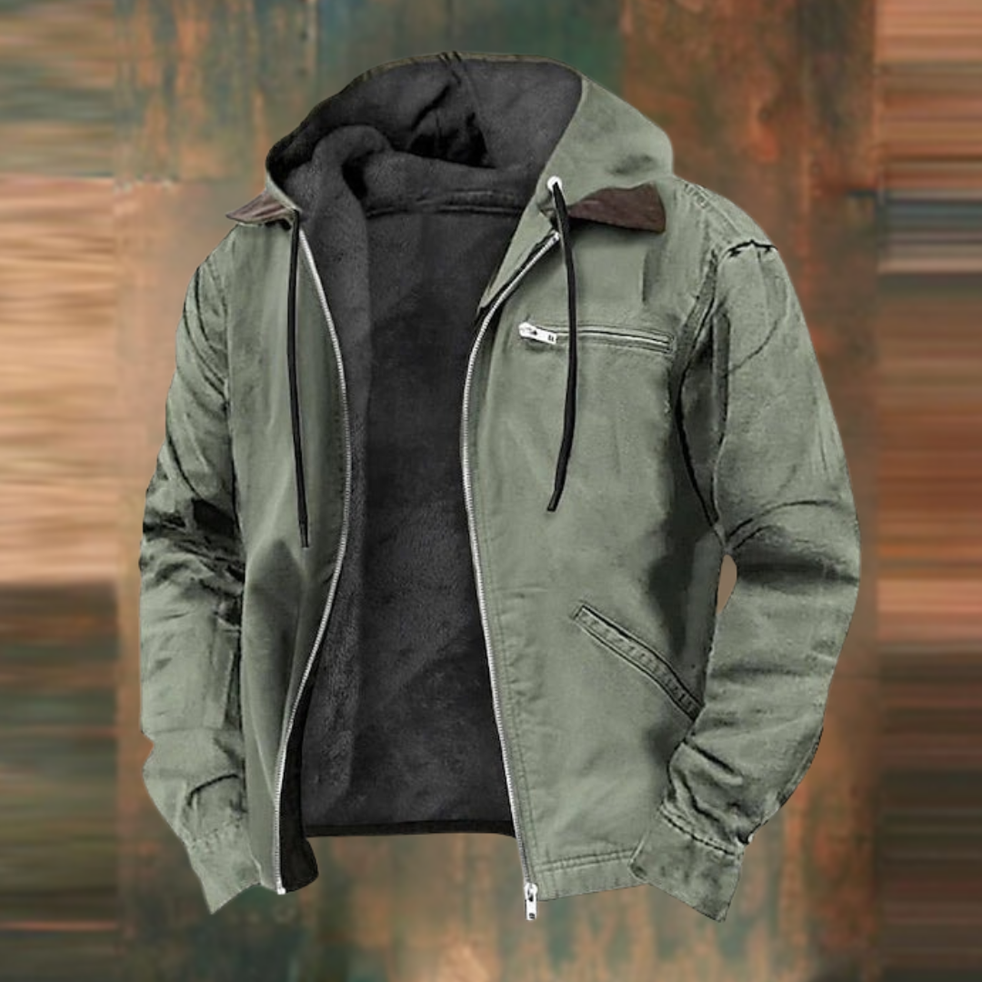 Lightweight men's jacket with full zip and hood, perfect for spring & fall transitional weather.