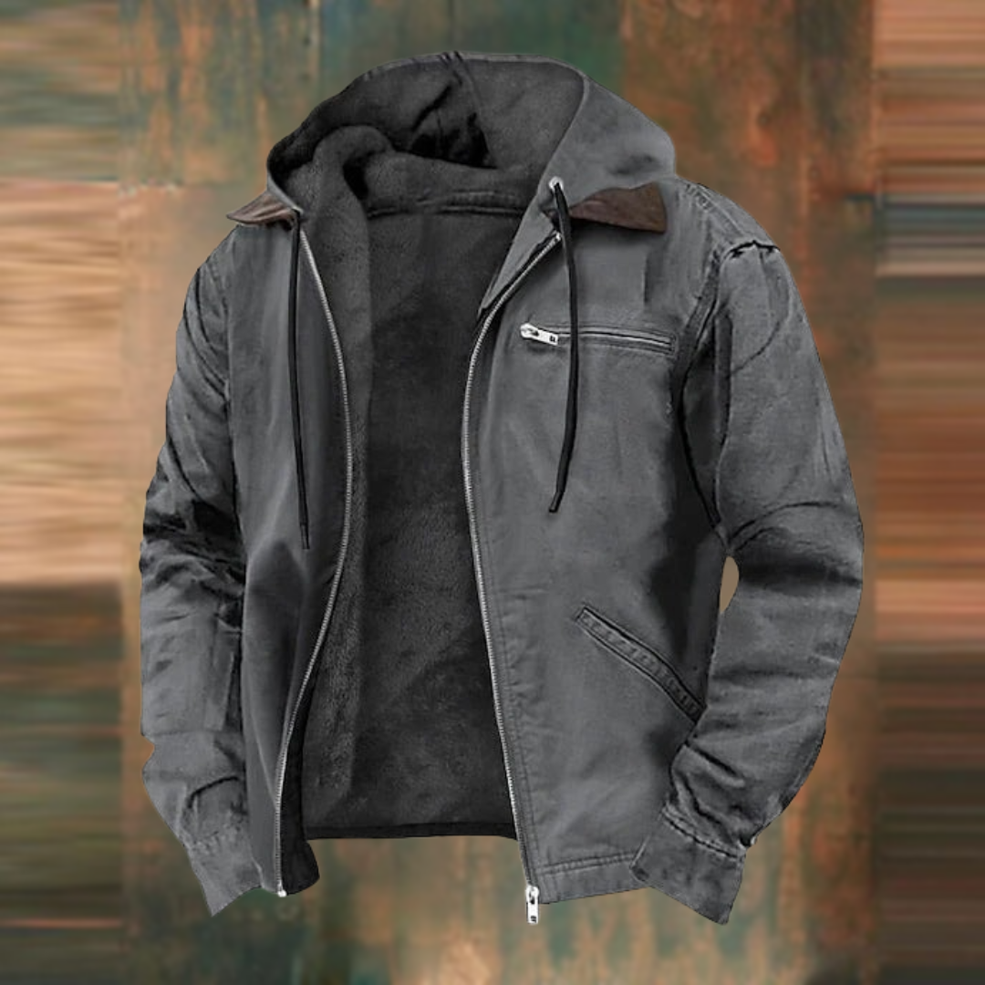 Versatile men's hooded jacket, easy full zip, suitable for casual outings and cooler weather.