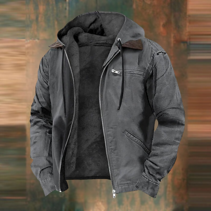 Versatile men's hooded jacket, easy full zip, suitable for casual outings and cooler weather.