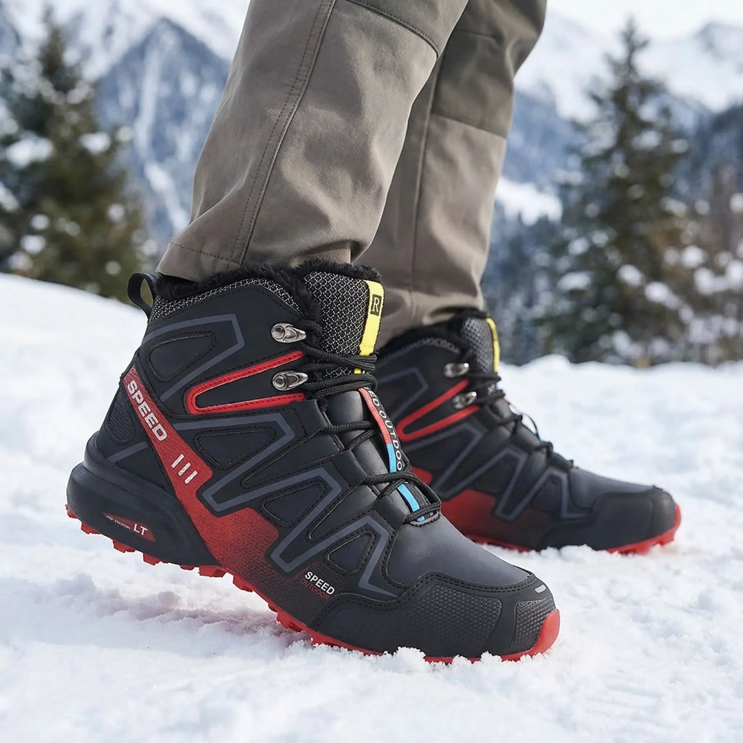 Men's lightweight insulated winter hiking boots for cold weather. Durable, non-slip outdoor footwear for snow adventures.