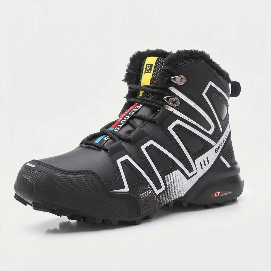 Warm men's insulated winter hiking boots. Lightweight cold weather footwear, non-slip for snowy outdoor trekking & adventure.