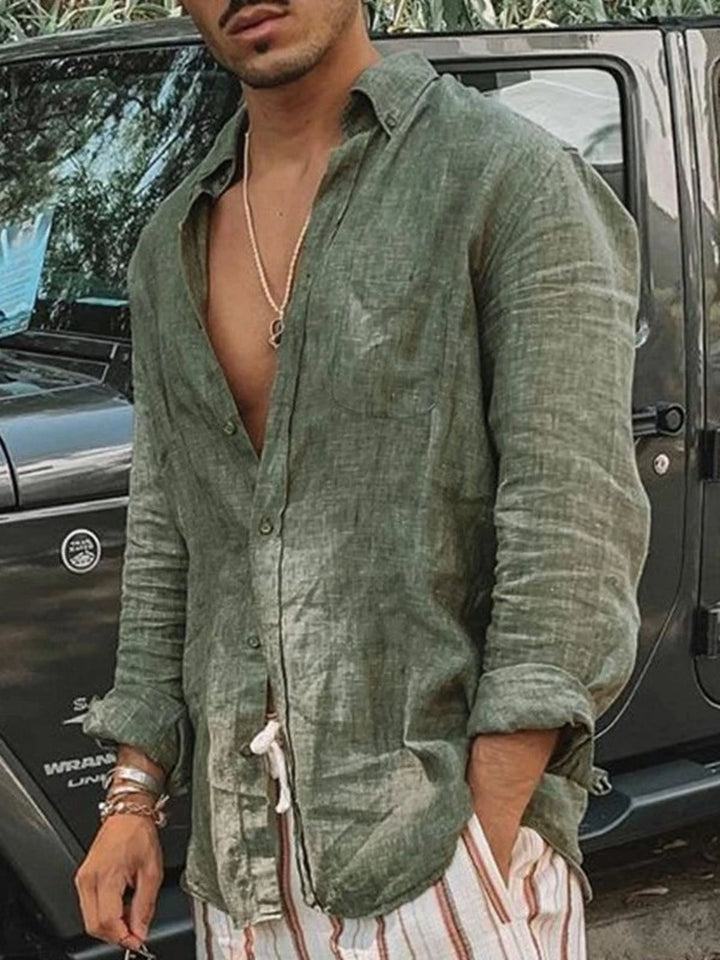 Men's lightweight linen button-up shirt for summer. Relaxed fit, long sleeve, versatile casual top.