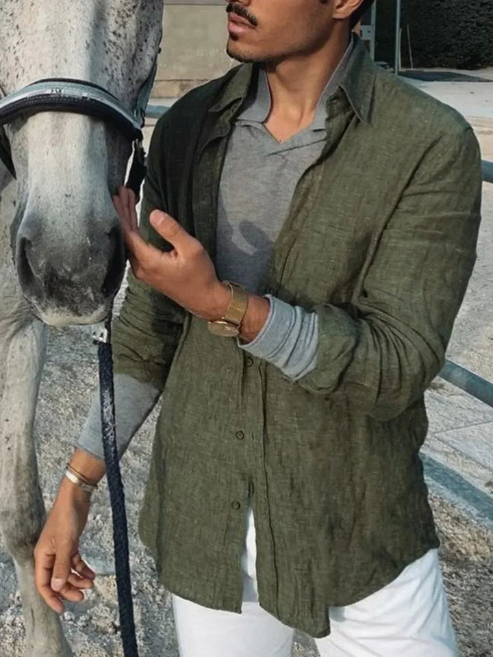 Casual men's long sleeve linen shirt, lightweight & breathable. Perfect button-front top for summer fashion.