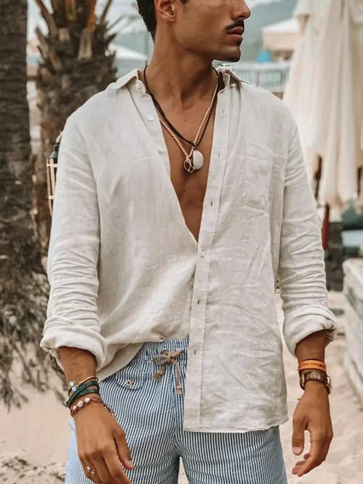 Men's lightweight linen button-up shirt. Relaxed fit long sleeve top for casual summer fashion & comfort.