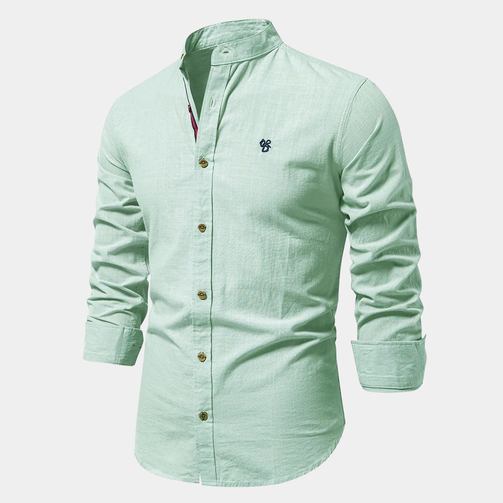 Stylish men's button-down long-sleeve shirt, lightweight and breathable for summer fashion. Slim fit design.