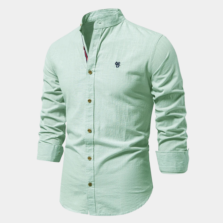 Stylish men's button-down long-sleeve shirt, lightweight and breathable for summer fashion. Slim fit design.
