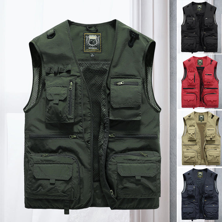 Men's lightweight multi-pocket outdoor vest for hiking, fishing, and camping adventures.