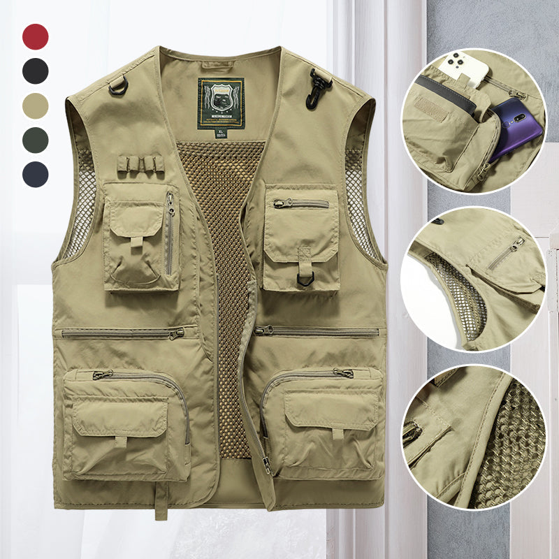 Functional men's utility vest with many pockets, ideal for travel, adventure, and outdoor gear.