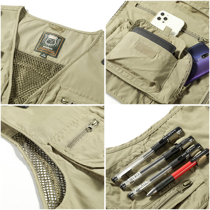 Adventure-ready men's multi-pocket vest. Lightweight design for camping, fishing, and utility.