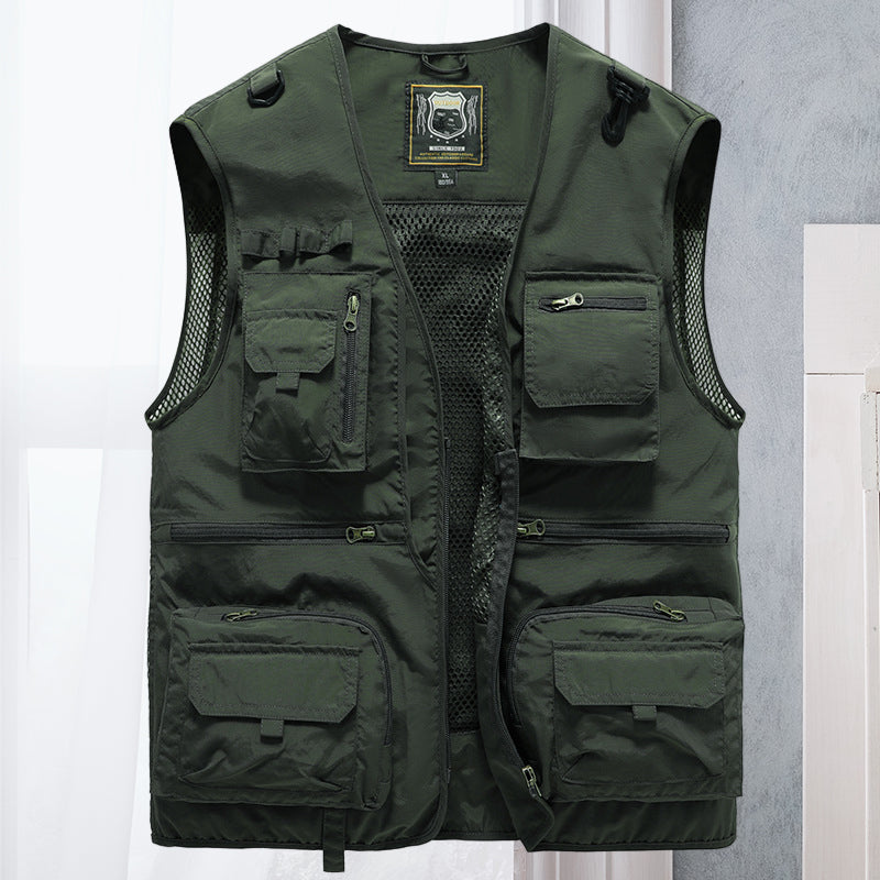 Functional men's adventure vest. Lightweight, utility design with multiple pockets for outdoor activities.