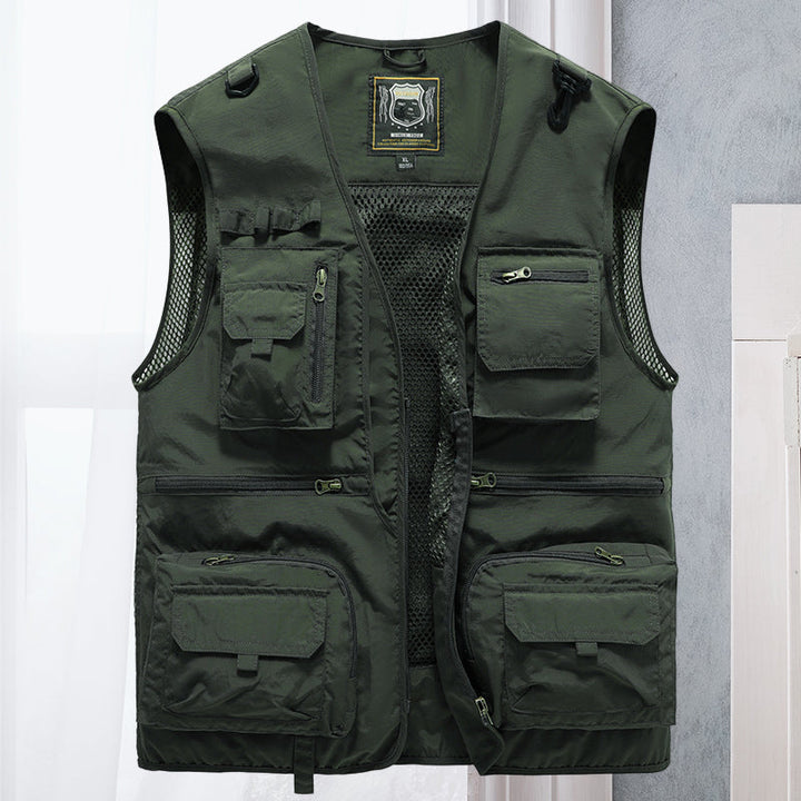 Functional men's adventure vest. Lightweight, utility design with multiple pockets for outdoor activities.