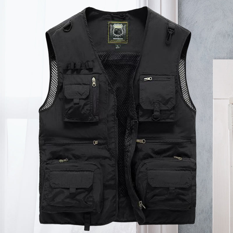 Stylish men's outdoor utility vest. Lightweight, multi-pocket for travel, hiking, and adventure.