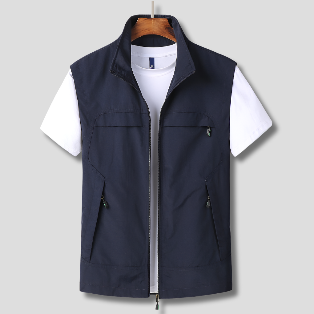 Men's lightweight outdoor zip vest with multiple pockets for hiking, travel & casual wear. Available in navy.